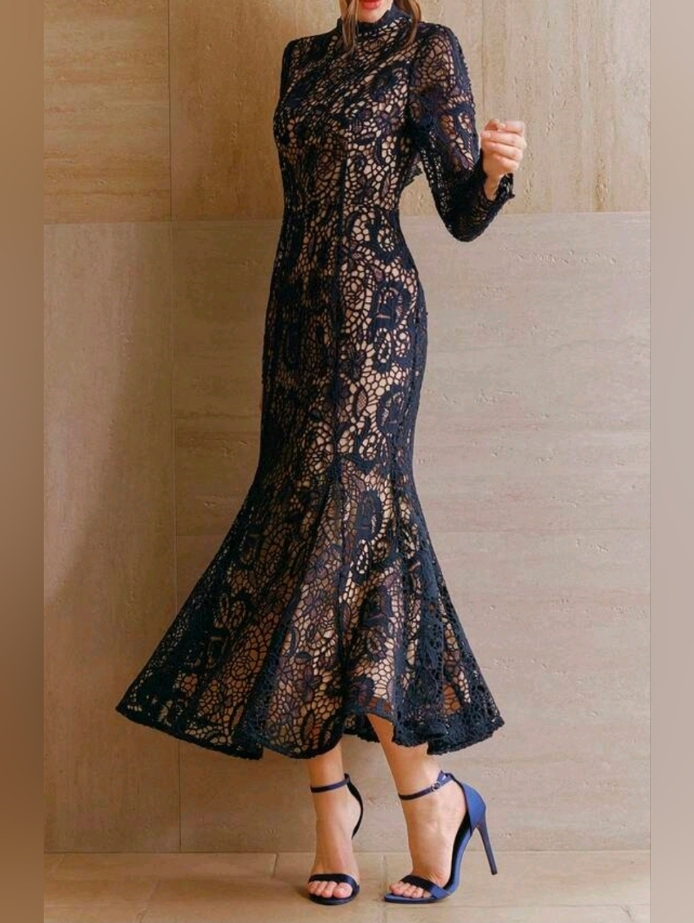 New Luxe Embroidered Lace Overlay Open Back Mermaid Long Dress Navy Blue Beige